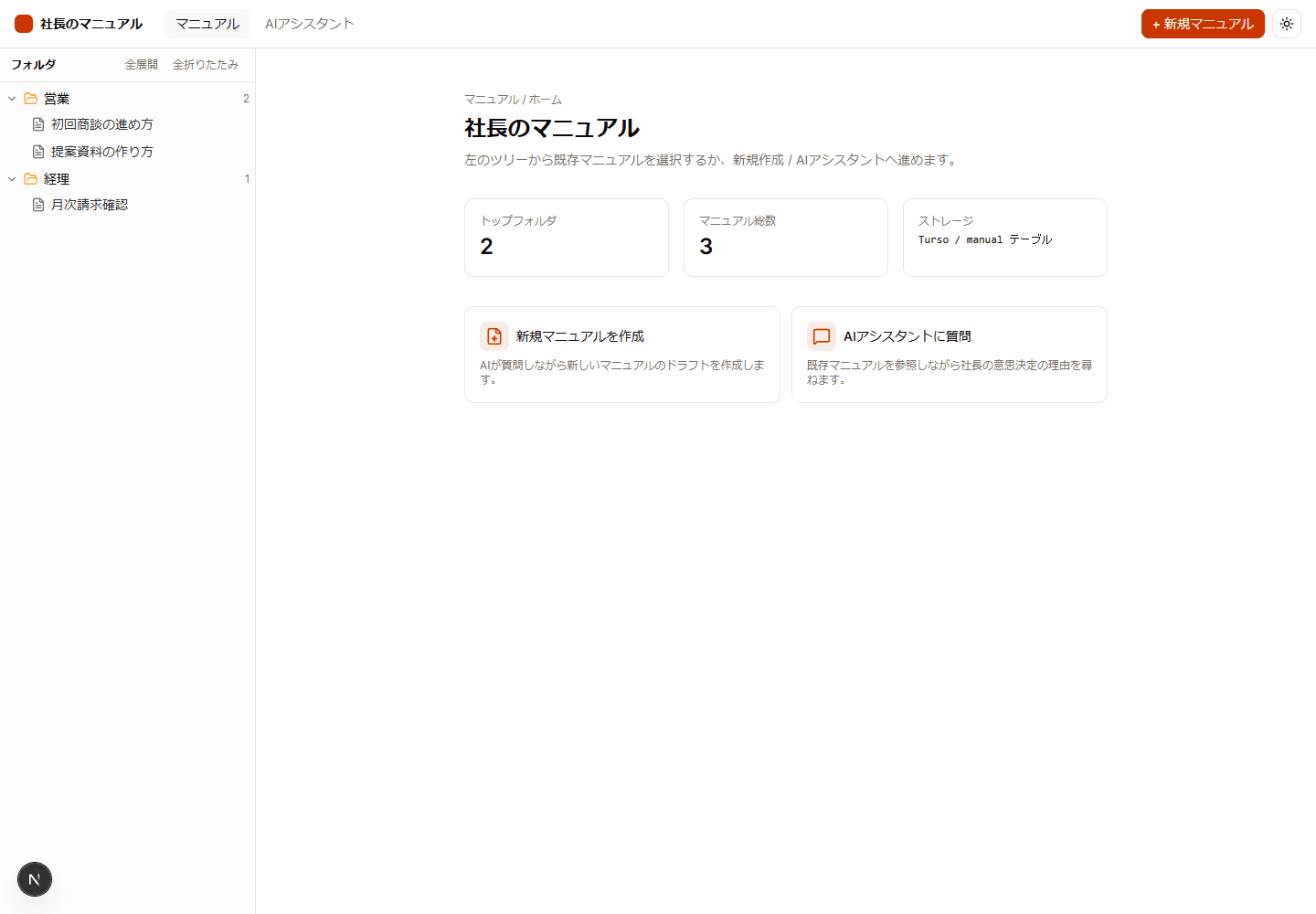 マニュアルチャットボットのマニュアル一覧画面: フォルダツリー、マニュアル総数、新規作成、AIアシスタント導線を表示