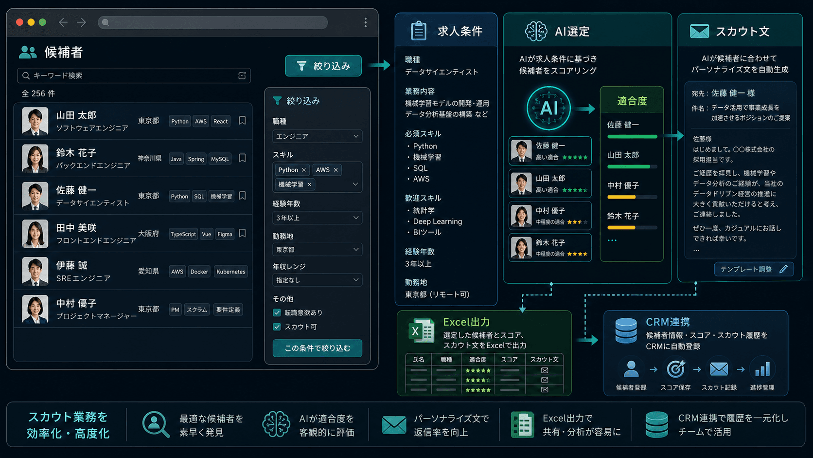 人材スカウターの仕組み: 候補者一覧、求人条件、AI選定、スカウト文、Excel出力、CRM連携の流れ